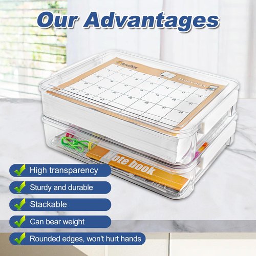 Aruihm 2 Pack Plastic Stackable Storage Box with Lids, Clear, Versatile A4-Sized Storage Suit for A4 Size Paper Storage Documents, School Supplies, Office Essentials