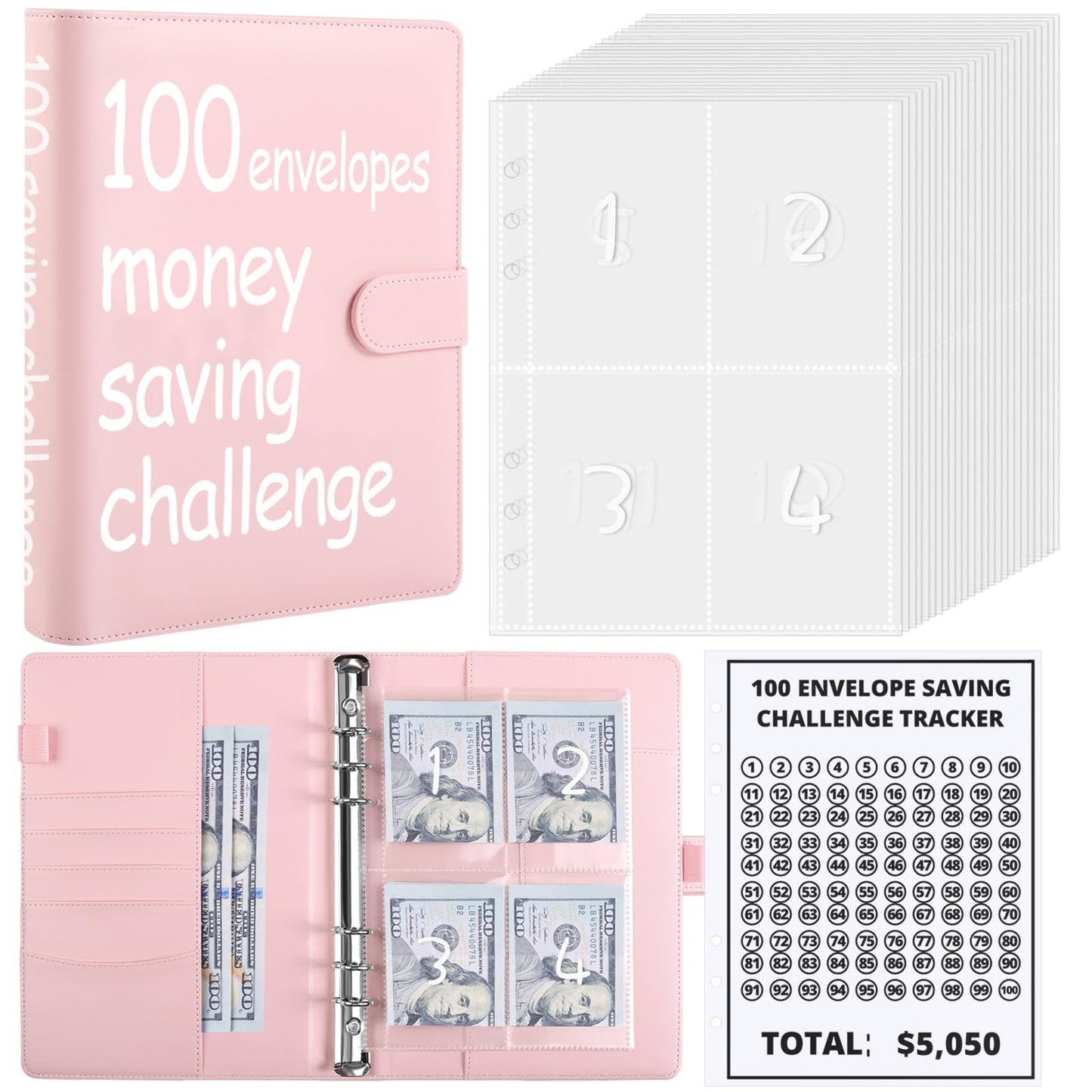 SKYDUE 100 Envelopes Money Savin Challenge Binder, A5 Money Saving Budget Binder with Cash Envelopes - Savings Challenges Book to Save $5,050