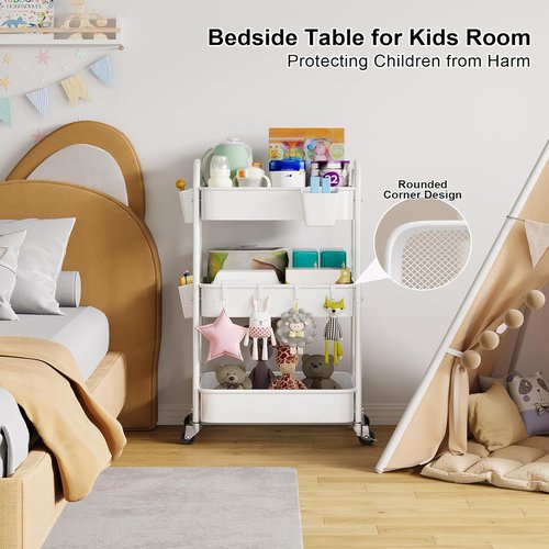 Skiennix 3-Tier Rolling Cart - Heavy-Duty Metal Organizer with Wheels for Craft, Nursery & Storage | White