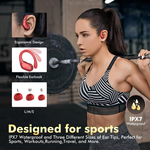 HAOYUYAN Wireless Earbuds, Sports Bluetooth Headphones, 80Hrs Playtime Ear Buds with LED Power Display, Noise Canceling Headset, IPX7 Waterproof Earphones for Workout/Running Red
