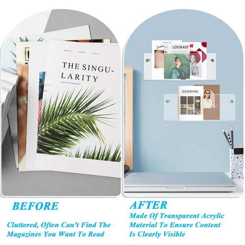 CYEAH 4 Pcs Acrylic Magazine Holder Brochure Holder, 15 in Record Holder Magazine Rack, Wall Mount Hanging Bookshelf Literature Storage Rack, Brochure File Display Shelf for Waiting Room Office Home