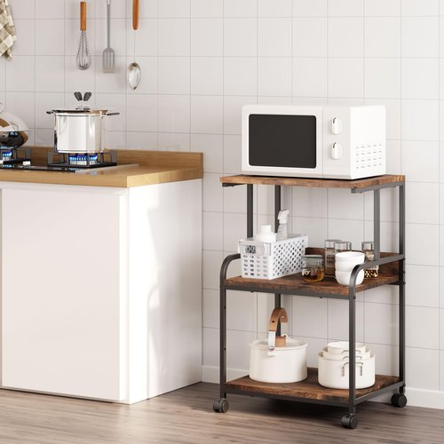 Luwesde 3 Tier Rolling Printer Cart with Wheels, Rustic Brown, Adjustable, Compatible with Printers, Fax Machines, Home Office, Kitchen, Living Room, Bedroom Storage Shelves