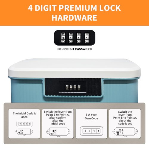 RUIAN Lockable Storage Container Bin, 2.3 Gallon Security Portable Combination Lock Plastic Box, Locked Security Box Suitable for Storing Important Items and Documents (White Blue)