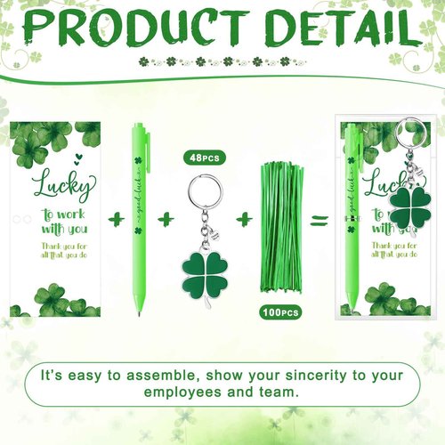 Fullhawl 48 Sets St Patrick's Day Gifts for Employee Good Luck Ballpoint Pens Shamrock Ballpoint Pens Four Leaf Clover Keychains with Thank You Cards for Team Staff Teacher Coworker
