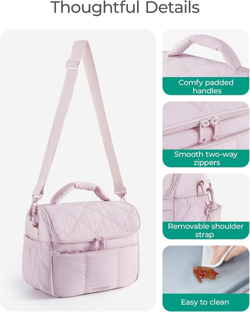 BAGSMART Insulated Lunch Bag - Cute Quilted Design, Lightweight & Waterproof Tote for Work | Pink