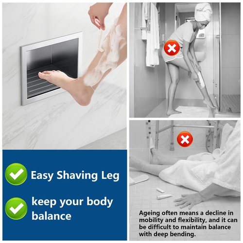 Qeke Shower Foot Rest for Shaving Legs, 304 Stainless Steel Footrest Niche with Shaving Holder, Recessed Shower Niche for Shaving Legs, Matte White