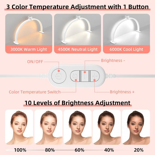 TOELOVE Half Moon Light for Nail Desk with Phone Stand, 3 Color Modes,10 Brightness, 29in 38W Foldable Arch Nail Table Lamp for Beauty Care, Lash, Handicraft, Tattoos, White