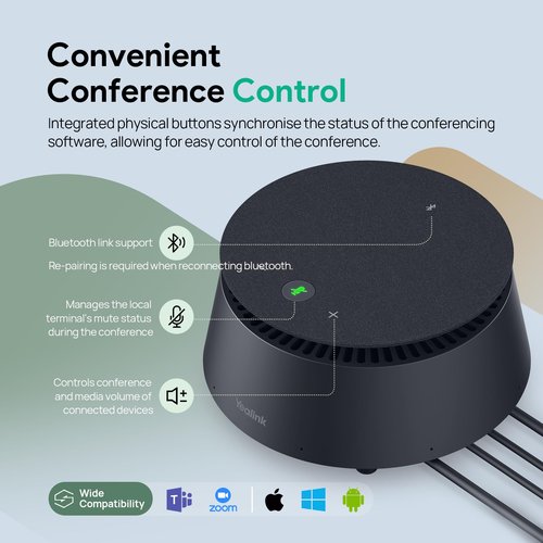 Yealink CP50 Conference Call Speaker and Microphone with Ai Noise Cancellation, Speakerphone for Teams Room, 8 360° Omnidirectional Mics, Bluetooth, USB-C, Daisy Chain, 19.69ft Pickup Telephon