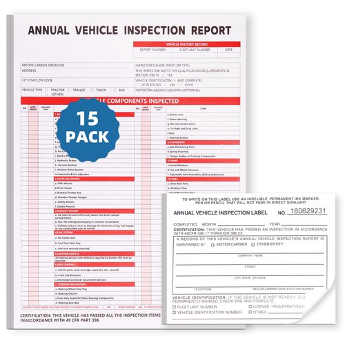 15-Pack Annual Vehicle Inspection Report Form, 3-Ply Carbonless Form and Hardboard, Includes 15-Pk 2-Ply FMCSA Vinyl Adhesive Label for Annual Inspections, DOT Compliant