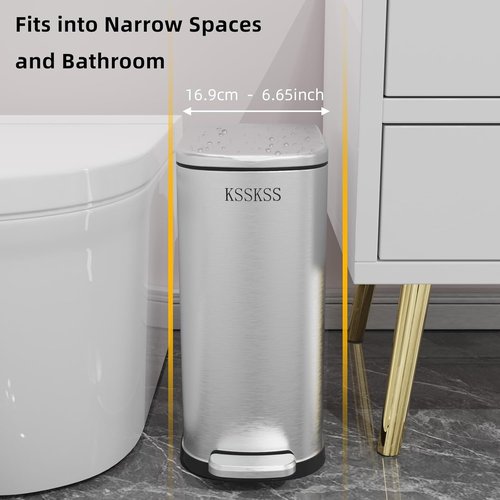 KSSKSS Slim Bathroom Trash Can - 2.6 Gallon Stainless Steel with Soft Close Lid | Removable Liner for Narrow Spaces (Silver)