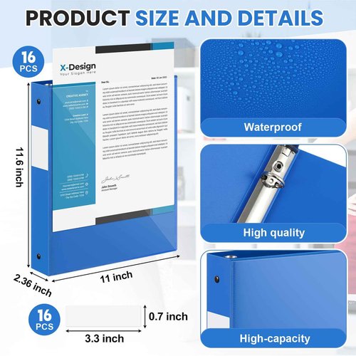 Henoyso 16 Pcs 2 Inch 3 Ring Binder with Clear Cover Plastic Flexible Fit Letter Size 8.5" x 11" Paper Holds 100 Sheets Versatile Binders for School Office Home, 1 Pocket(Blue)