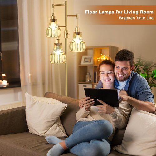 Ziisee Dimmable Gold Floor Lamps for Living Room, 70" Farmhouse Tree Standing Tall Lamps with 3 Elegant Cage Shade & 800 Lumens LED Bulbs for Bedroom Office