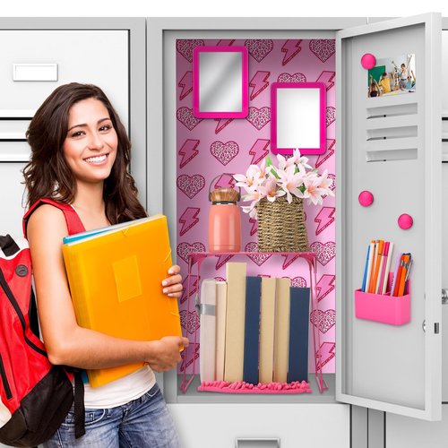 Pinkunn 16 Pcs Pink Preppy Style Locker Organizer Accessories Include Wallpaper Magnetic Whiteboard Mirror Dry Eraser Marker Rug Storage Organizing Shelf for Back to School Party(Lightning Heart)