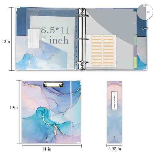 2 Inch 3 Ring Binder Organizer with Clipboard, 5-Tabs Pockets Dividers, Plastic Folder, 18 Divider Stikers, KLLVE Three Ring Binder with Pen Loop (Blue Marble, Letter Size)