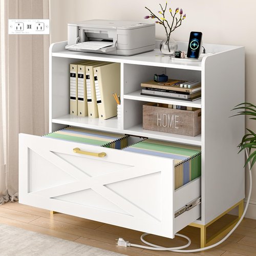 Lateral File Cabinet A Large Drawer File Cabinet with Charging Station for Home Office Furniture, Modern Farmhouse Wood File Storage Cabinet with Open Adjustable Shelves, White