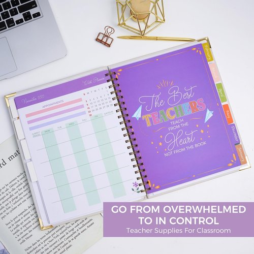Teacher Planner 2025-2026 Academic Year, Weekly & Monthly Teacher Lesson Planner from AUG. 2025-JUL. 2026, Storage Pocket, Gold Foil Cover, Monthly Quotes，Stickers, Laminated Tabs（8.5" x 11"）
