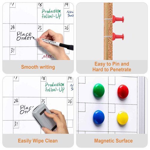 Comix Dry Erase Calendar Whiteboard Corkboard Combo, 24 * 18 inch Monthly Calendar and Bulletin Board Combination for Wall, Aluminum Frame Planner with Dry Erase Markers, Magnets, Push Pins