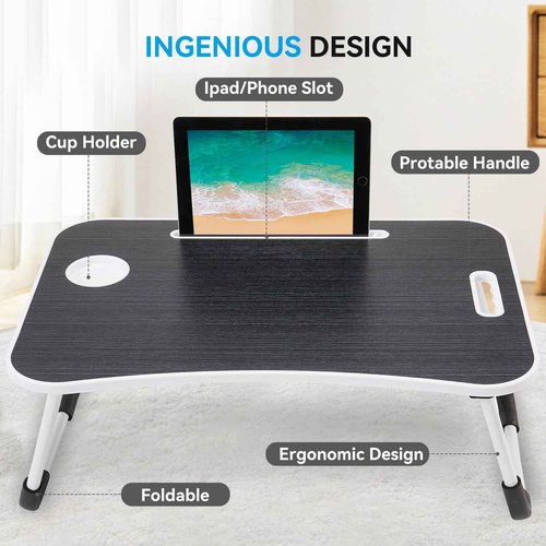BUYIFY Folding Lap Desk, 23 Inch Portable Wood Deep Black Laptop Bed Desk Lap Desk with Cup Holder, for Working Reading Writing, Eating, Watching Movies for Bed Sofa Couch Floor