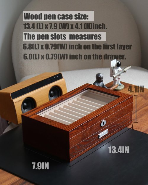 Besforu wood pen display case 24 slot Fountain pen Box storage Organizer with drawer, Top Glass Window Pen Collection Display Case