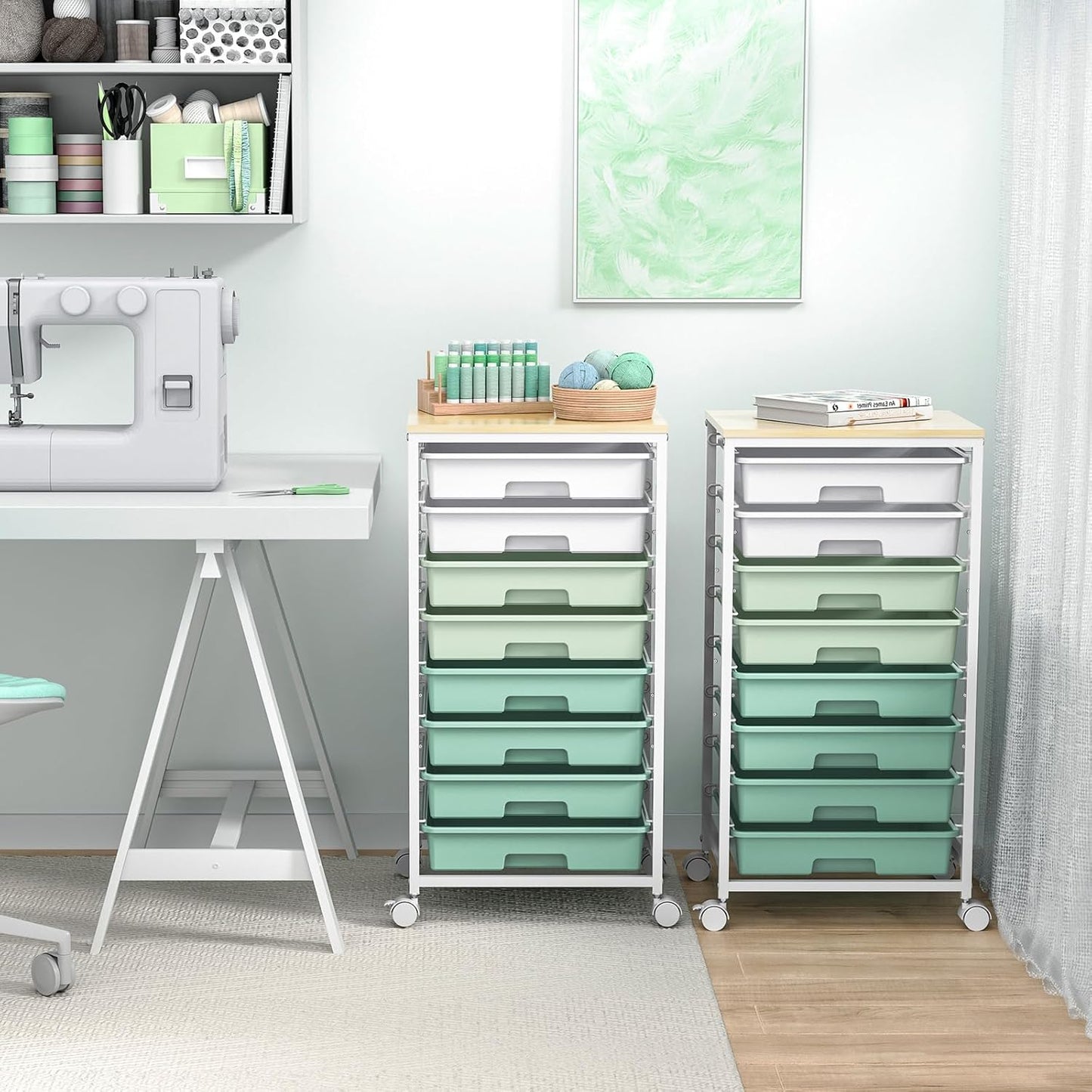 Skiennix Rolling Storage Utility Cart - 8 Drawer Organizer with Wooden Tabletop | Green for Home & Office