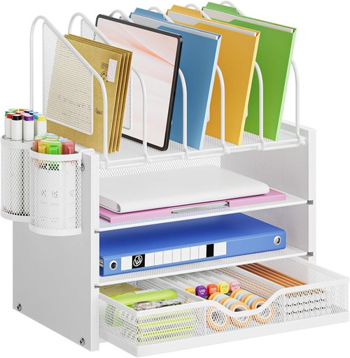 Marbrasse Desk Organizer - 4-Tier Wooden File Holder with Drawer & 5 Vertical Slots | White Home Office Accessory