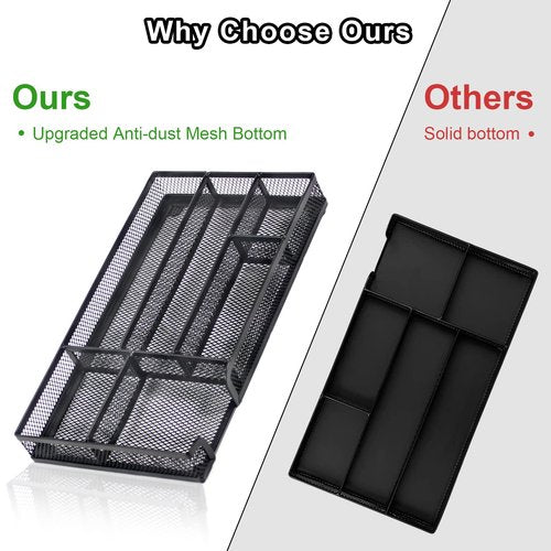 ROSROSE Desk Drawer Organizer 2 Pack, Office Drawer Organizer, 6 Grid Metal Mesh Drawer, Small Desk Organizer Tray Accessories for Office School Home, Bathroom, Kitchen, 11X 6 X 1.45in,Black