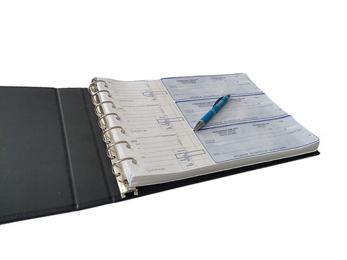 7 Ring Business Check Binder, Durable 3 On A Page, Professional Finance Document Holder with Fold Over Clear Vinyl Pouch Bill Keeper, Removable 6-Year Calendar (Black) ABC Printing