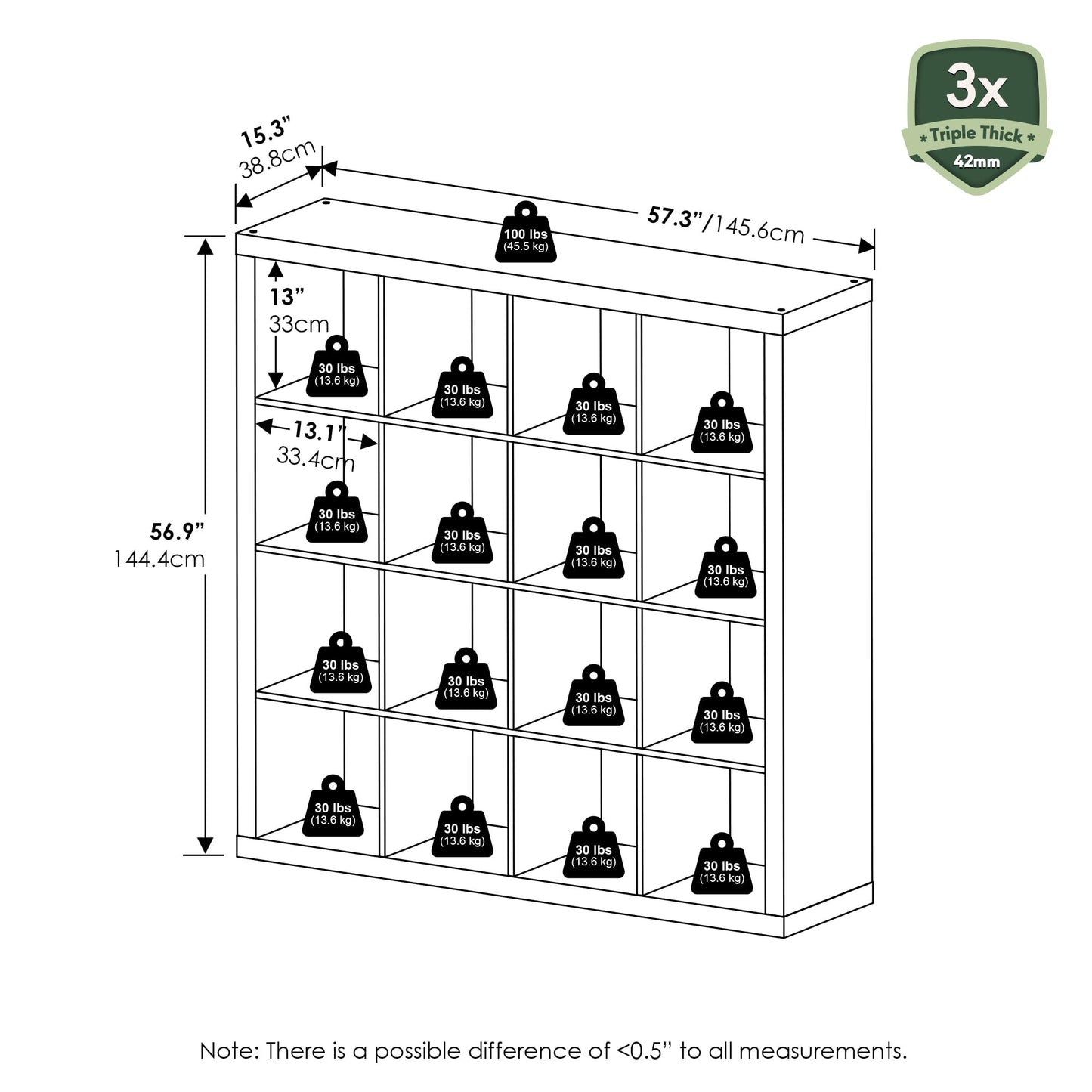 Furinno Cubicle Book Shelf, 16-Cube Bookshelf, Triple Thick Frame Cube Storage Organizer, 1.65" Bookcase, 15.4 x 57.4 x 56.9, for Home Office, Living Room, Plain White