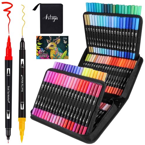 Dual Markers Brush Pens for Adult Kids Coloring Books,120 Colors Art Marker Set with Fine & Brush Tip Pen for Bullet Journaling, Coloring, Drawing, Hand Lettering, Calligraphy, Art Supplies