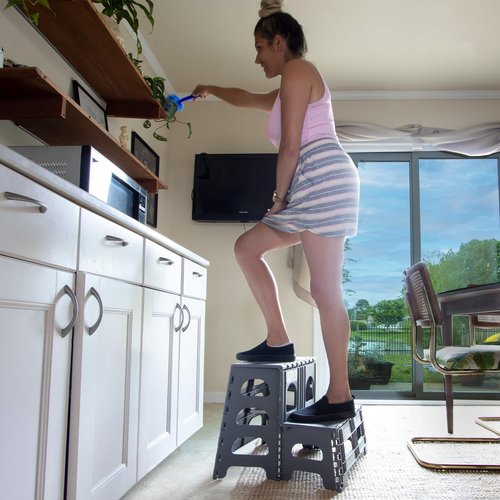 Bee Neat Folding 2-Step Stool - Collapsible Non-Slip Ladder for Kitchen & Bathroom - Supports 200lbs - Gray