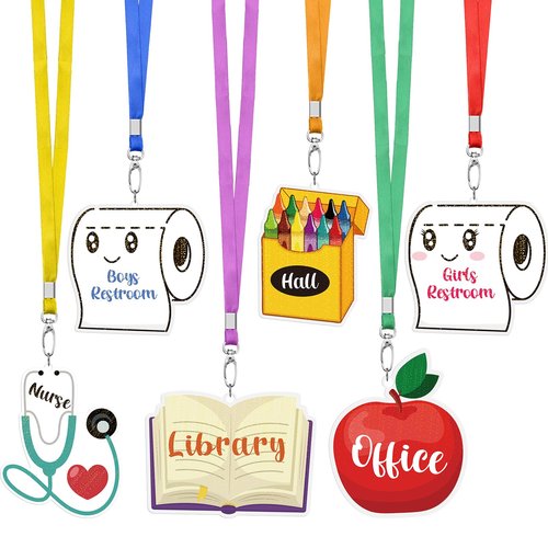 Weekgrat 6 Sets Acrylic Back to School Hall Pass Lanyards Unbreakable School Passes Set for Teachers Cute Classroom Passes for Bathroom, Office, Library and Nurse Classroom Supplies(Cute)