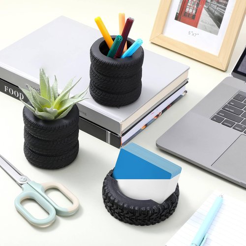 Humyoun 3 Pcs Tire Shaped Planter Pen Holder and Tire Business Card Holder Set Pencil Succulent Cactus Planter Pot for Desk Home Office Accessories Organizer