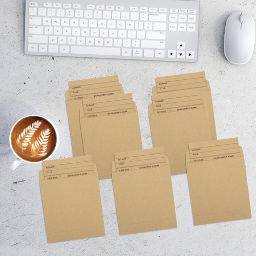 100Pcs Vintage Library Pockets and Cards, Brown Library Check out Cards Library Card Pocket Envelopes for School Office Public Library Books