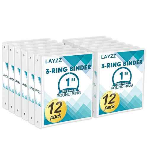3 Ring Binder, LAYZZ 12 Pack 1 Inch Binders 3 Ring with 2 Pockets, Round Ring Binders, Clear Cover Binders for Letter Size 8.5"x11" Paper, PVC Free, Suitable for School Home and Office (White)