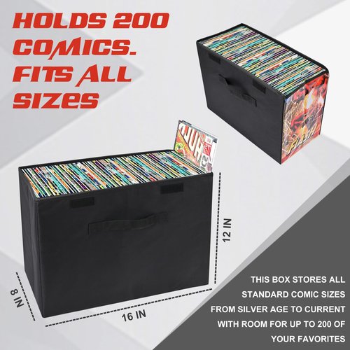 Introvibes Comic Book Storage Display Box, Collapsible Comic Short Box with Lid and Handles, Holds 200 Comic Books, 15.4"x7.9"x11"