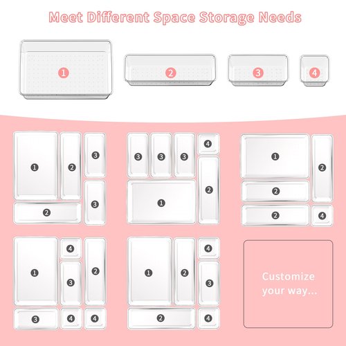 Lulltou 25 PCS Plastic Drawer Organizer Set, 4-size Clear Bathroom and Vanity Desk Drawer Organizer Trays, Non-Slip Versatile Storage Bins for Makeup Jewelry Office Kitchen Gadgets