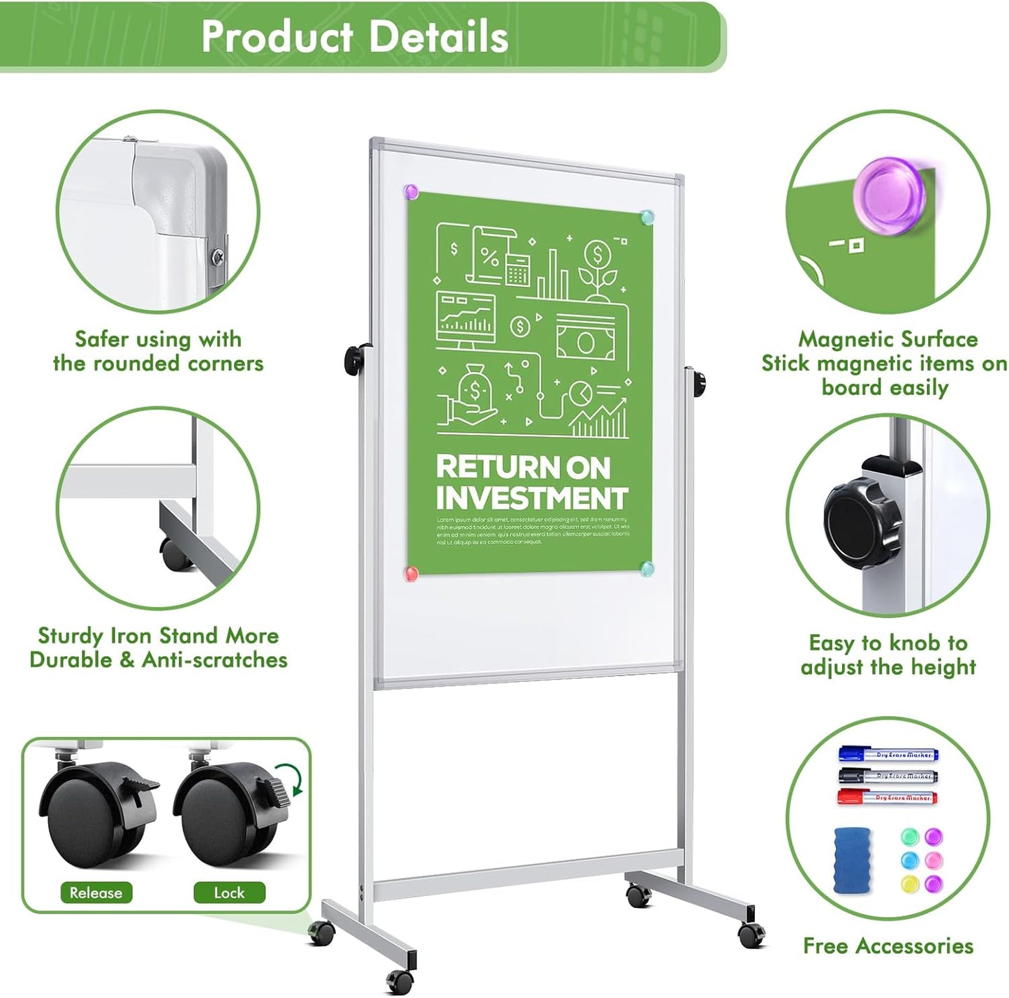 Skiennix Mobile Whiteboard - Double-Sided Magnetic Dry Erase Board on Wheels, 32x48 Inches