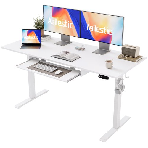 Agilestic Height Adjustable Desk with Keyboard Tray, 55 x 24 Inches Electric Standing Desk, Stand up Computer Table with Memory Preset, White