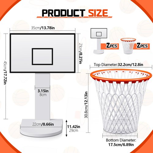 Burbell 2 Sets Basketball Trash Can Suit Gifts,White Wood Basketball Hoop Suit, 2 Pcs 4.5 Gallon Net Wastebasket Garbage Can 2 Hoop for Home Bedroom Office Gym Kitchen Sport Outdoor Living Room