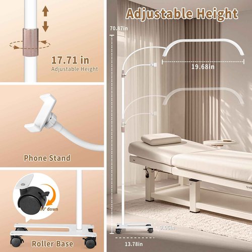 HITTI Large Estheticians Light, Flexible Gooseneck Lash for Eyelash Tech, LED Half Moon Light with Phone Holder, Stepless Dimming and 7 Color Modes Floor Lamp for Tattoo Artists Nail Craft Beauty