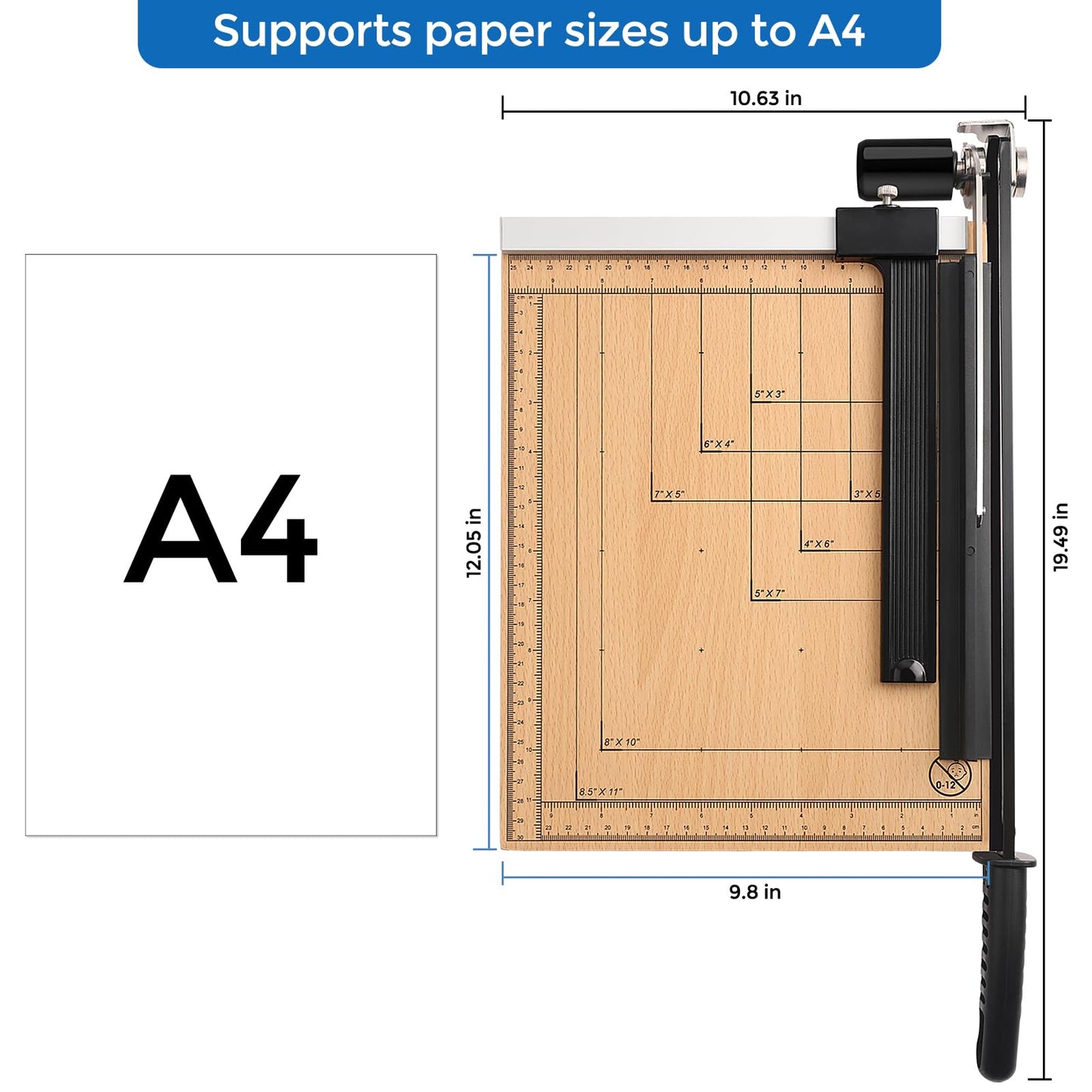 MROCO Heavy Duty Guillotine Paper Cutter & Paper Trimmer, 12" Cut Length, Automatic Clamp, Adjustable Guide, Wood Base with millimeters/inches Gridlines