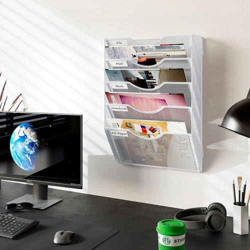 PAG Hanging Wall File Holder, 5 Tier Mail Sorter for Wall, Mesh Office Wall Organizer For Papers/Folders/Files Clipboard & Magazine, White