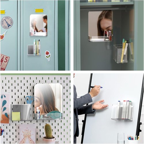 NiHome Magnetic Acrylic Locker Accessories Kit - Mirror & Pen Holder for School, Office, Gym | Organizer for Eyebrows & Makeup