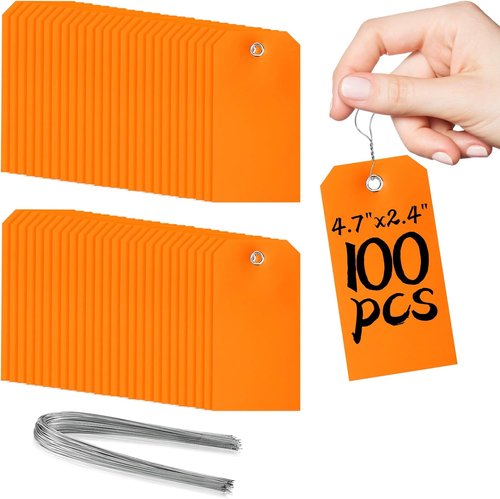 Skiennix 100 Pcs Waterproof Marking Tags - Orange Rectangle Plastic Hang Tags for DIY & Inventory (4 3/4" x 2 3/8")