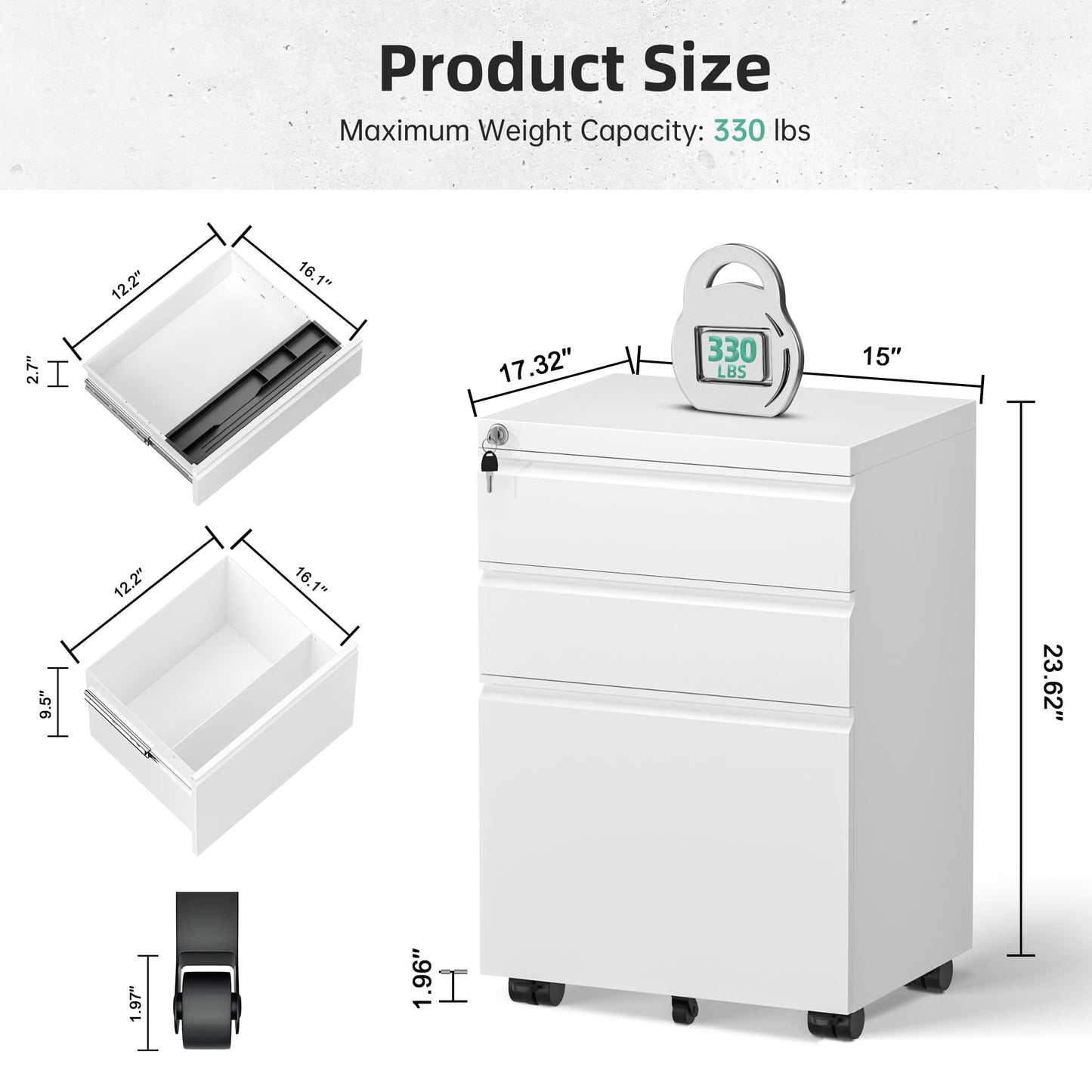 Bonusall 【Fully Assembled 3 Drawer White File Cabinet, Fully Assembled Metal Rolling Filing Cabinet with Lock, Under Desk Drawer Filing Cabinets for Home Office Fit A4/Letter/Legal