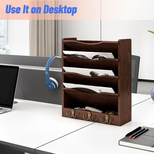 Senhoglb 5 Tier Hanging Wall File Holders Letter Size Wall File Organizer Wood Mail Organizer with 6 Hooks, Brown