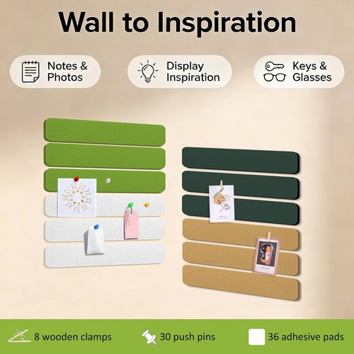 Cork Board Alternative Felt Strips by Skiennix - 12-Pack Adhesive Wall Boards with 30 Push Pins | Army Green, Dark Green, Light Camel, Longan Yellow