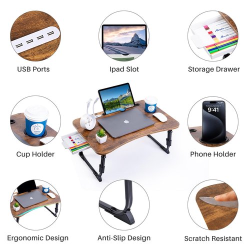 Laptop Desk for Bed, Height Adjustable Laptop Bed Table, Foldable Portable Lap Desk Stand with USB/Storage Drawer/Cup Holder/Slot, Breakfast Tray for Working Reading Writing Eating
