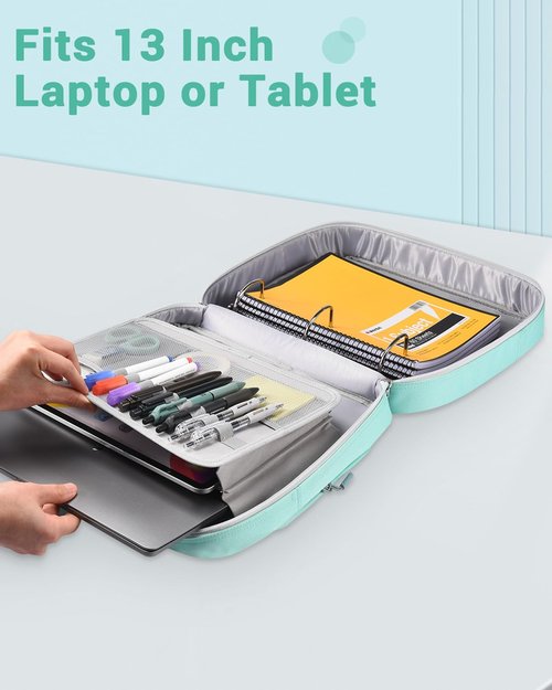 Soulgo 3 Inch Zipper Binder 3 Ring with Sturdy Shoulder Strap & Multi-pocket, Binder with Zipper Holds Up to 700 Sheets for Office School, Compatible with 13” Macbook Laptop ipad(Light Blue)