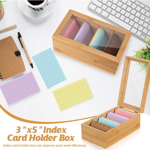 Bamboo Index Card Organizer - 3x5 Index Card Holder Box With Dividers - Wood Recipe Box With Lid - 4 Compartments For 1200 Cards - 5.9"W x 10"D x 4"H